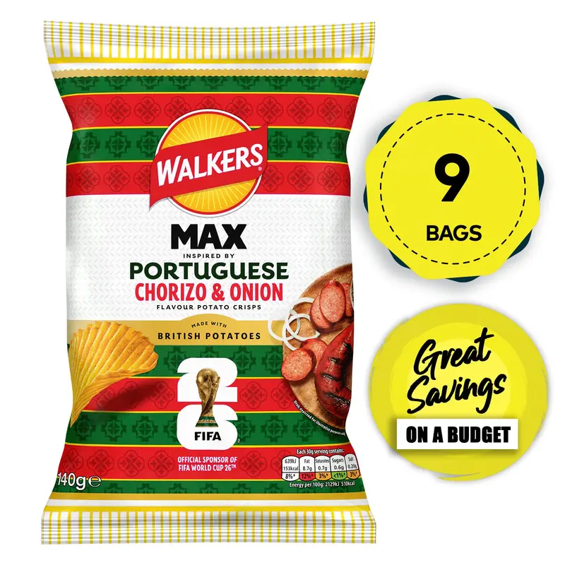 Walkers Max Portuguese Chorizo & Onion Crisps – 9 × 140G Sharing Bag 1