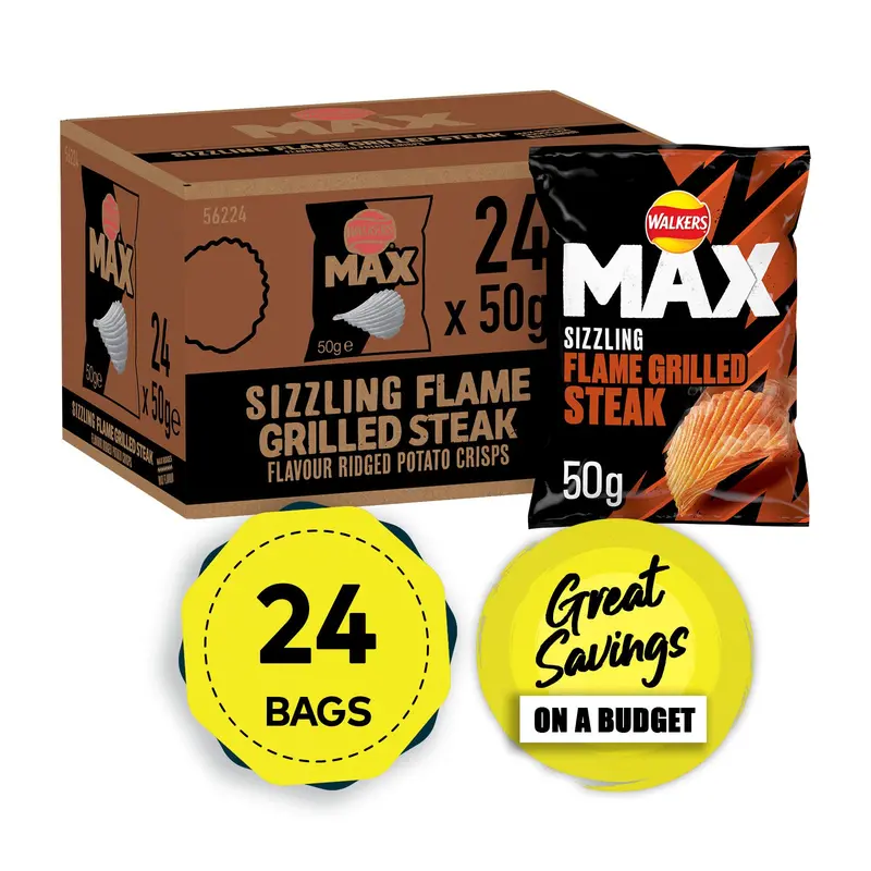 Walkers Max Sizzling Flame Grilled Steak Crisps – 24 × 50G Sharing Pack 1