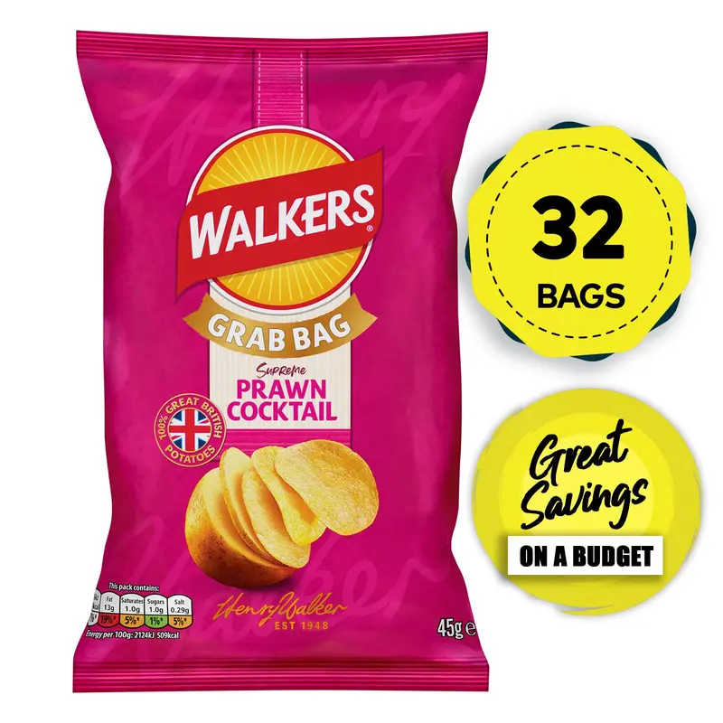 Walkers Prawn Cocktail Crisps – Grab Bag Variety Pack (32 × 45G), Fresh Best-Before Date 1