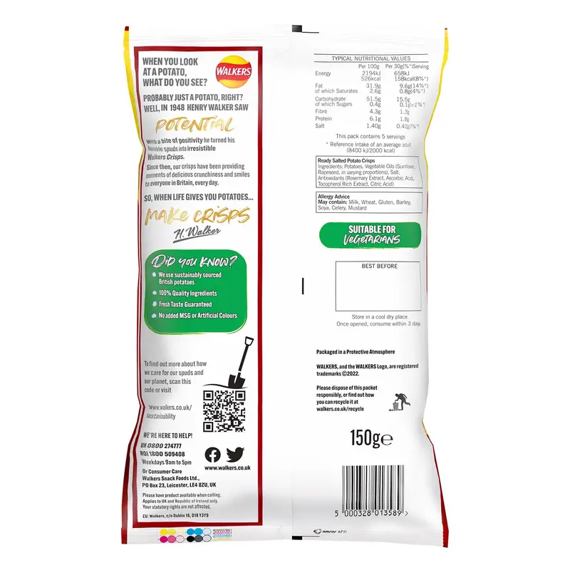 Walkers Ready Salted Crisps – 6 × 150G Family Sharing Bags 2